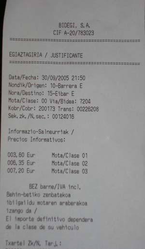 A8 autopistako ticketa